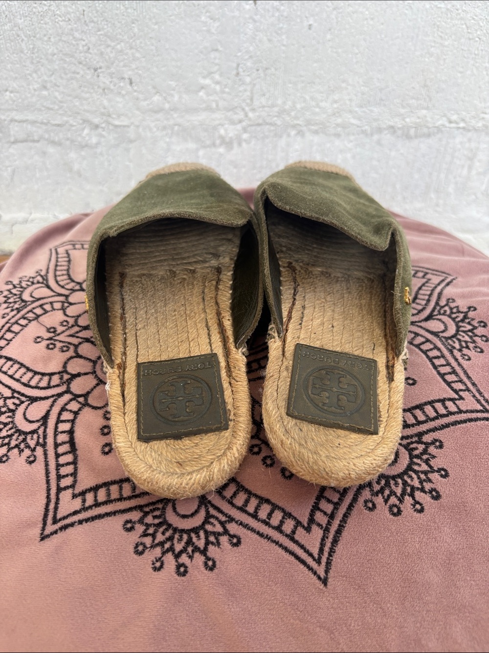 Tory Burch Suede Espardrille Olive Green Slide Leather Mules sz 6 - Picture 4 of 9